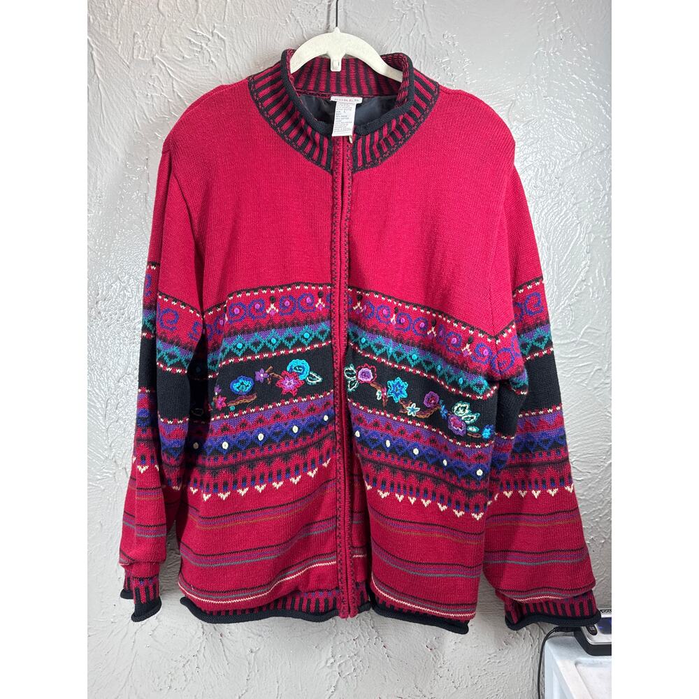 Koret Sweater Cardigan Womens Embroidered‎ Floral Knit Fall Chunky Vintage Large